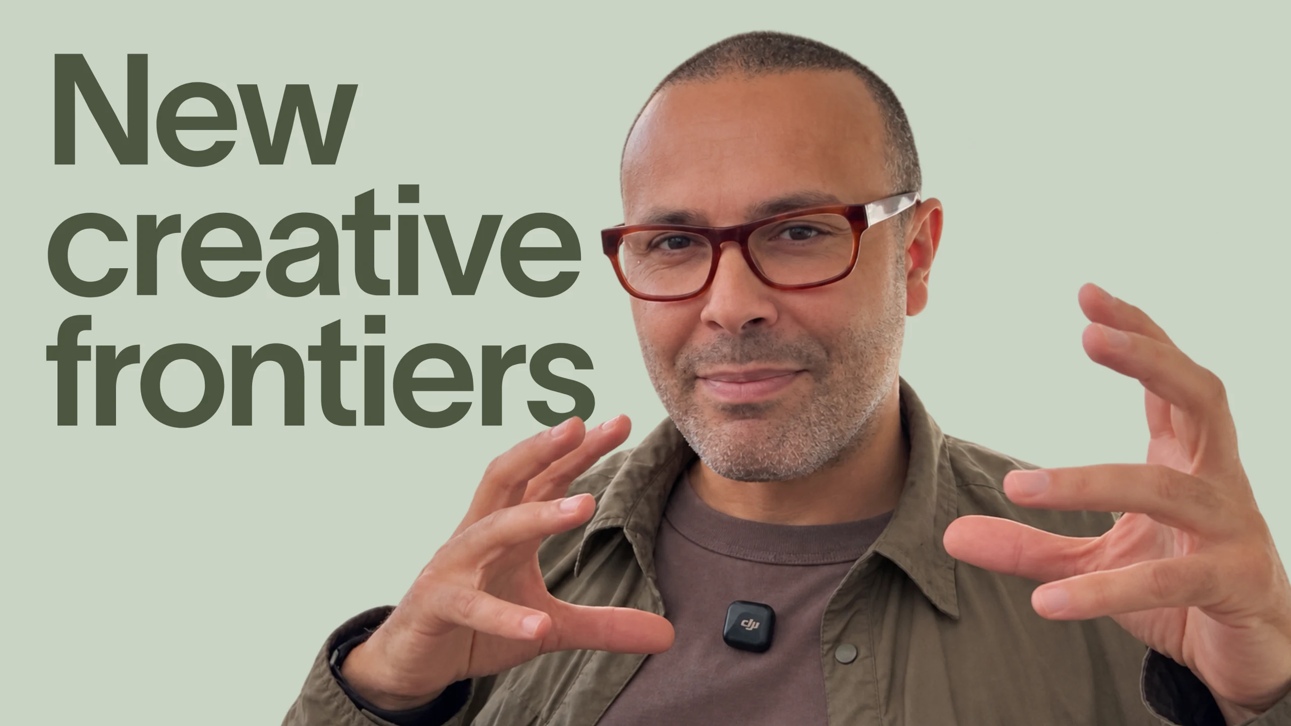 Sebastian beside the stacked New creative frontiers headline